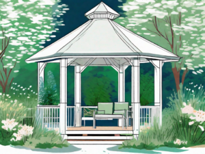 A serene backyard with a beautifully constructed gazebo nestled among lush greenery and blooming flowers