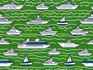 A luxurious cruise ship sailing on the ocean with various discount tags and price cut symbols floating around it