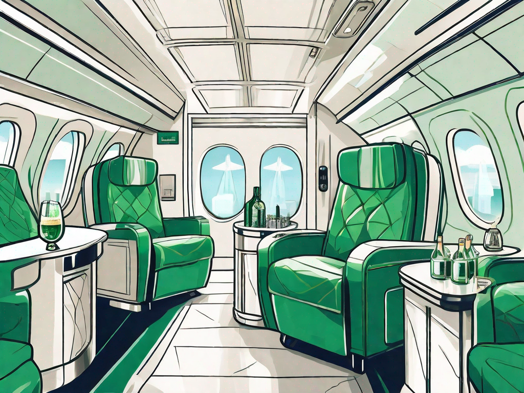A luxurious airplane cabin filled with opulent amenities like champagne on ice