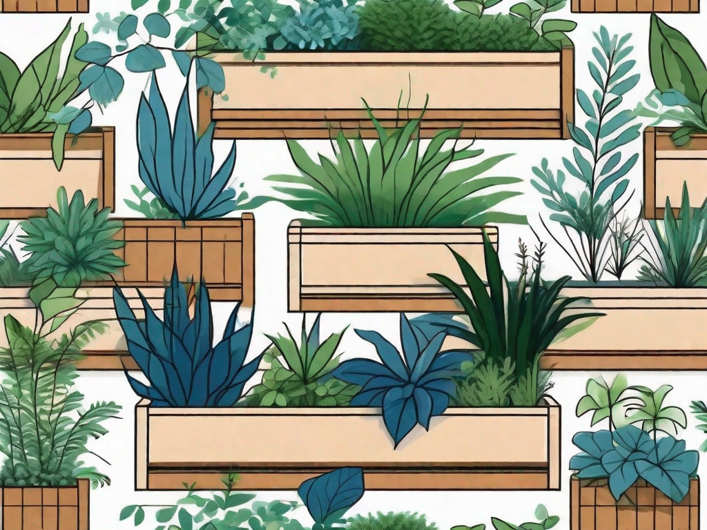 A wooden planter box filled with a variety of plants