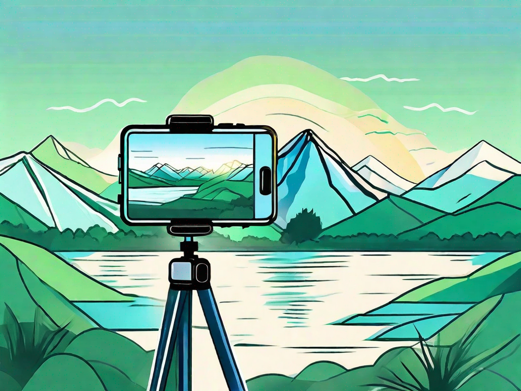 A smartphone on a tripod capturing a picturesque landscape