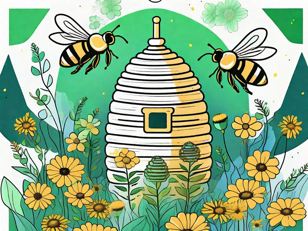 A wooden beehive surrounded by blooming flowers and bees buzzing around it