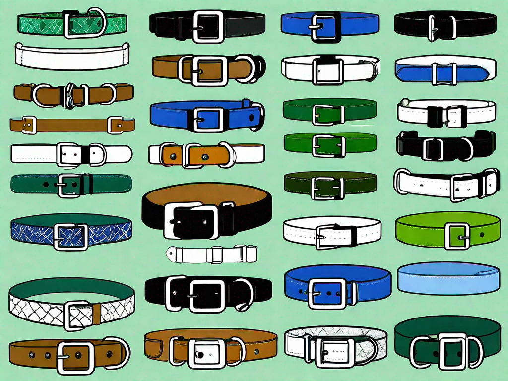 Several different types of dog training collars arranged in an aesthetically pleasing manner