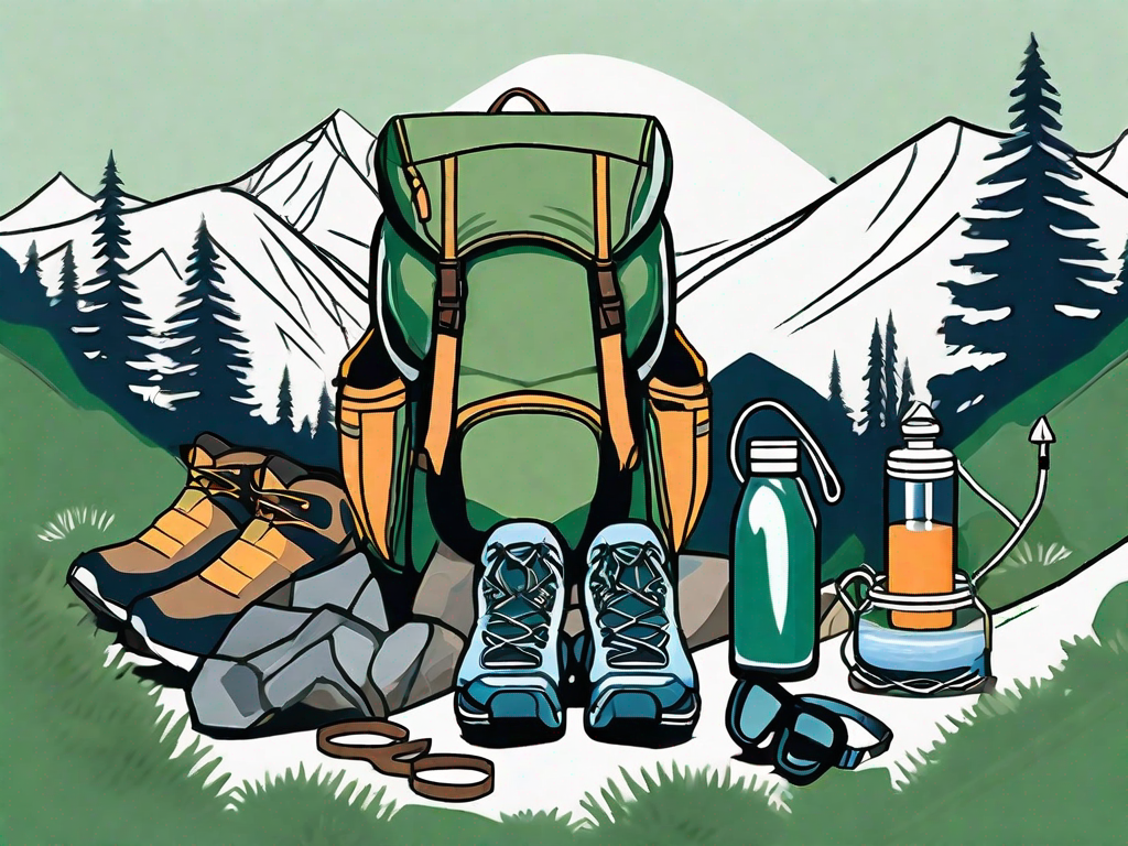 Various hiking gear items such as a backpack