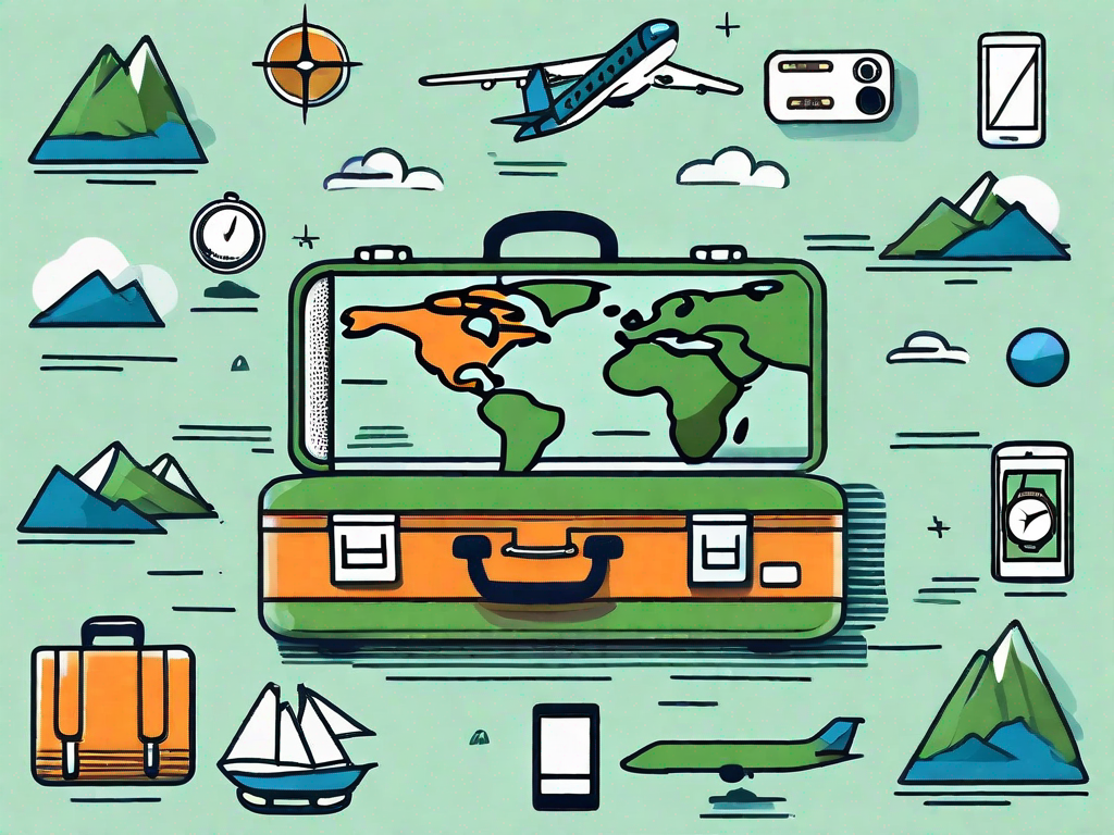 A smartphone surrounded by travel-related icons such as an airplane