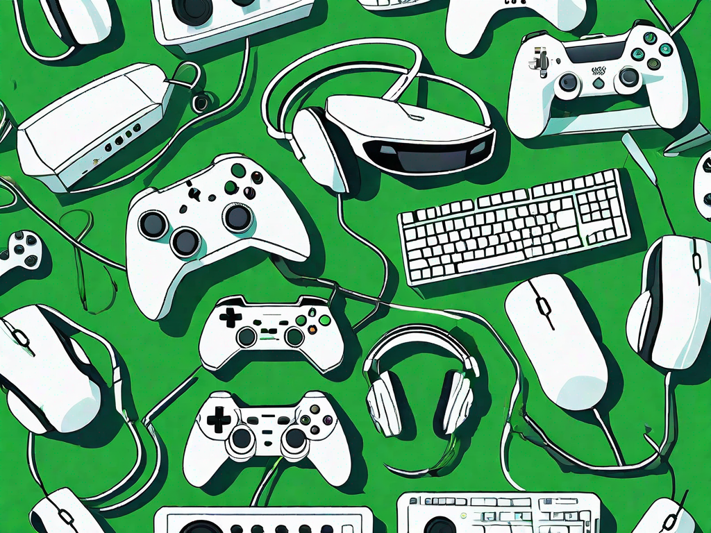 Various gaming consoles and accessories like headsets