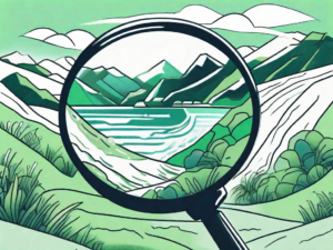 A magnifying glass highlighting a hidden gem in a rugged landscape