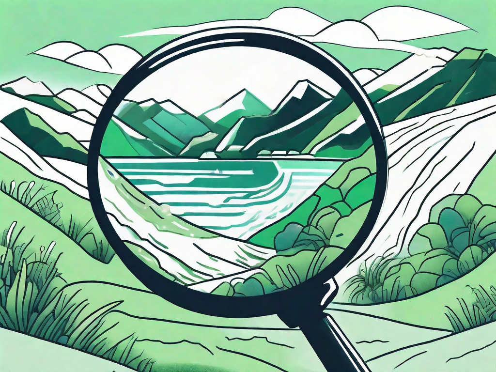 A magnifying glass highlighting a hidden gem in a rugged landscape