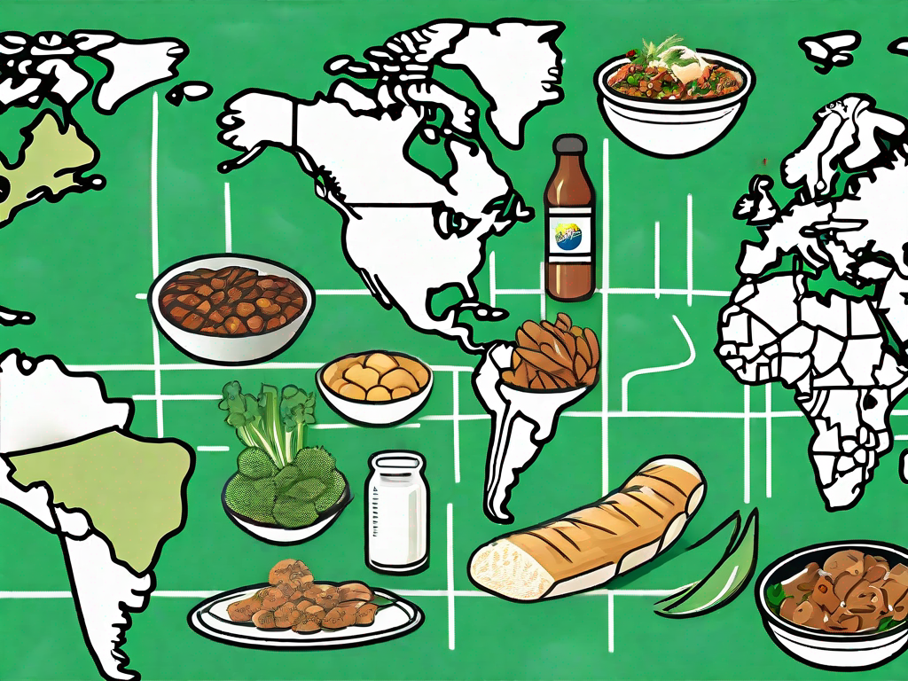 A variety of international foods marked with different symbols indicating various dietary restrictions