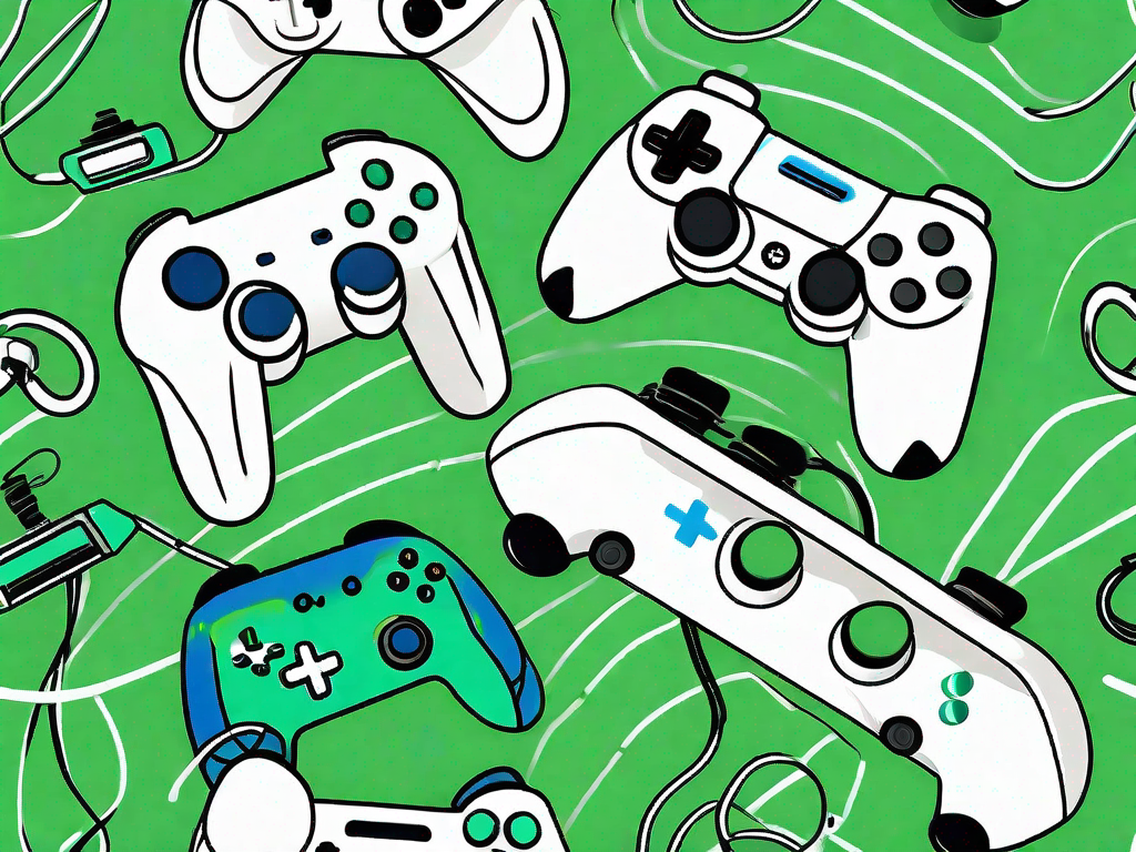 Various gaming consoles and controllers connected with vibrant energy lines