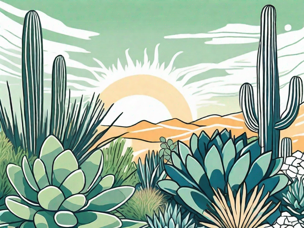 A thriving garden with various types of drought-resistant plants like succulents