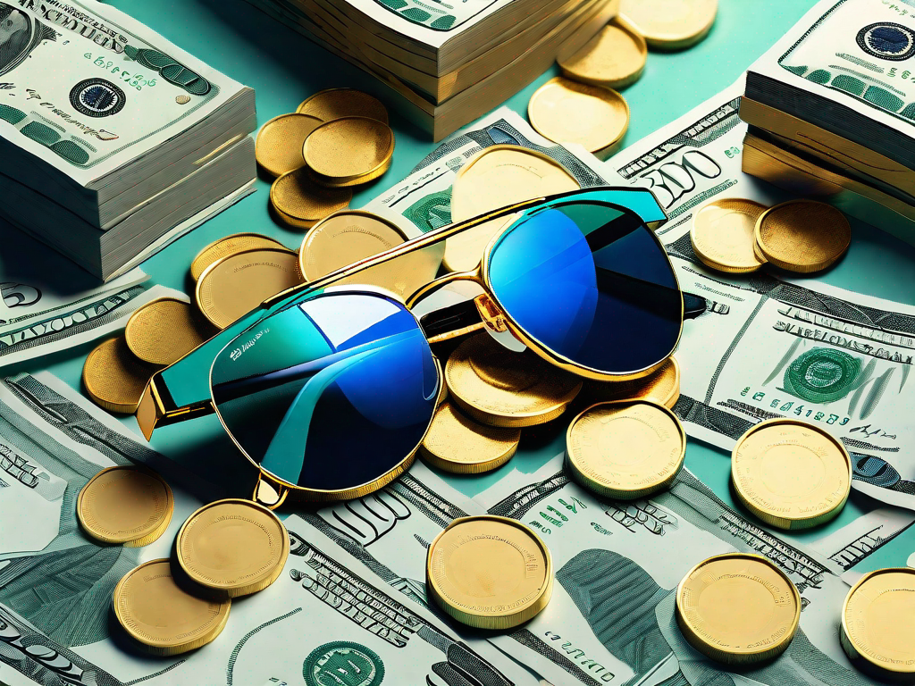 A pair of luxurious designer sunglasses resting on a pile of gold coins and banknotes