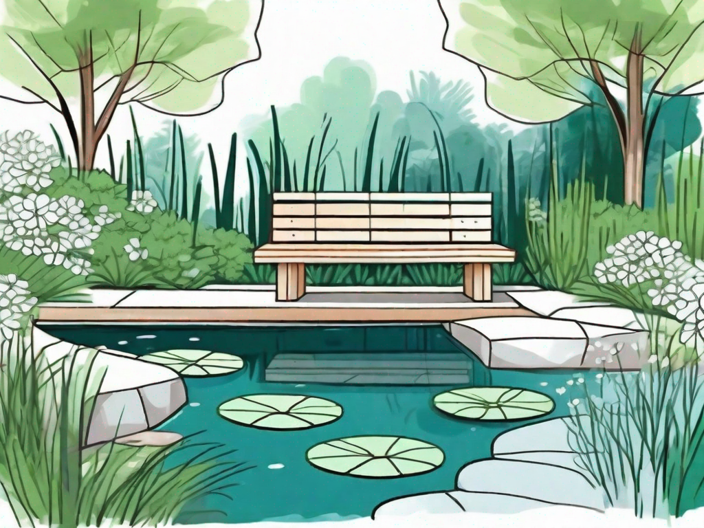 A serene backyard pond surrounded by lush greenery