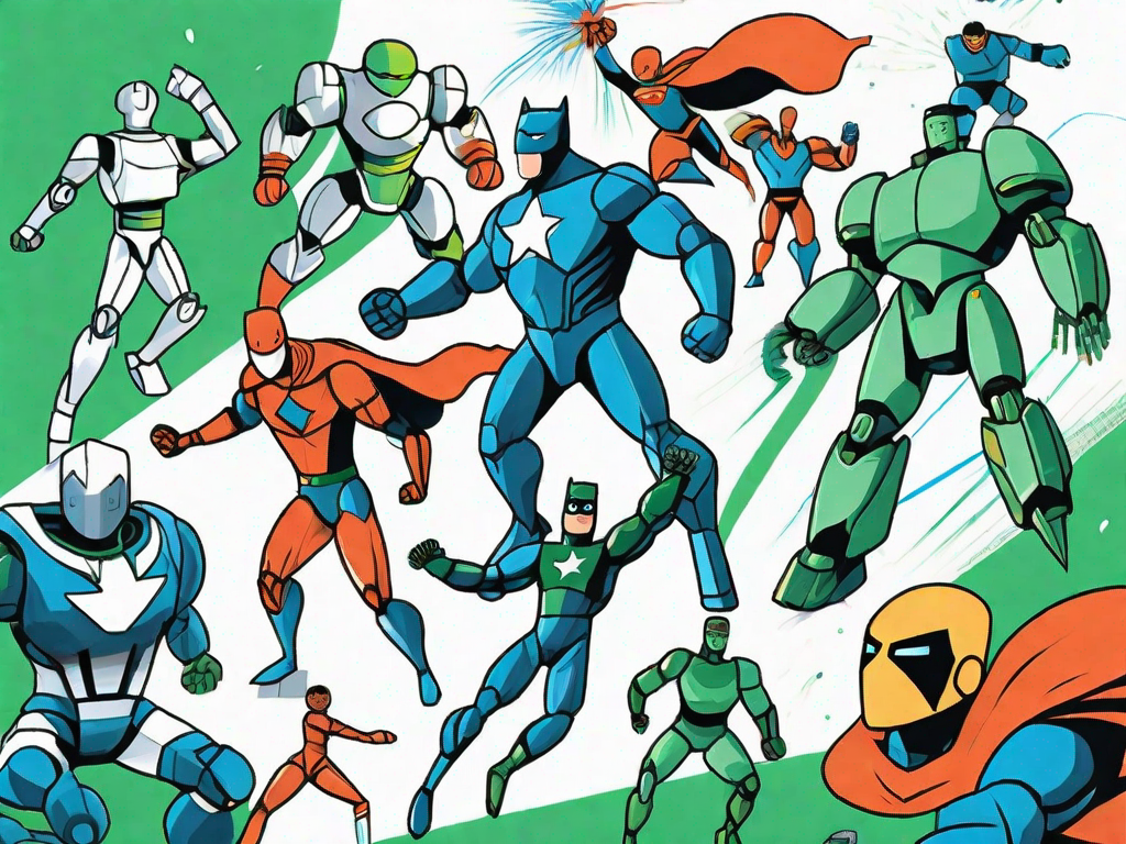 A dynamic scene featuring various iconic action figures