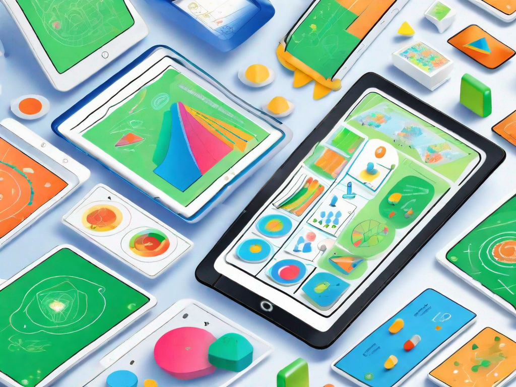 Several colorful learning tablets with interactive screens displaying different educational activities