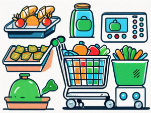 Various pretend play sets like a mini shopping cart filled with colorful toy groceries