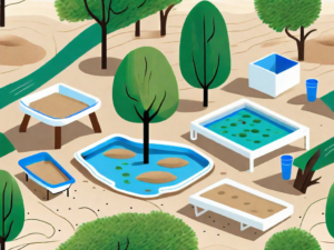 Various sand and water tables in an outdoor setting