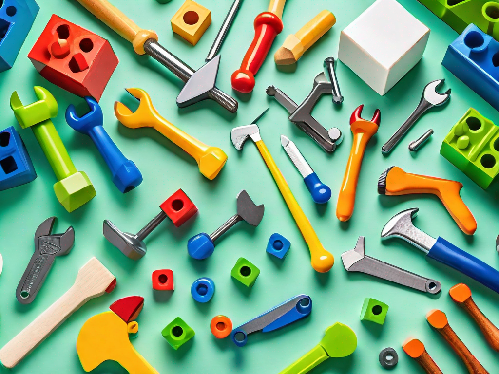 A vibrant toy workbench filled with various colorful tools like a toy hammer