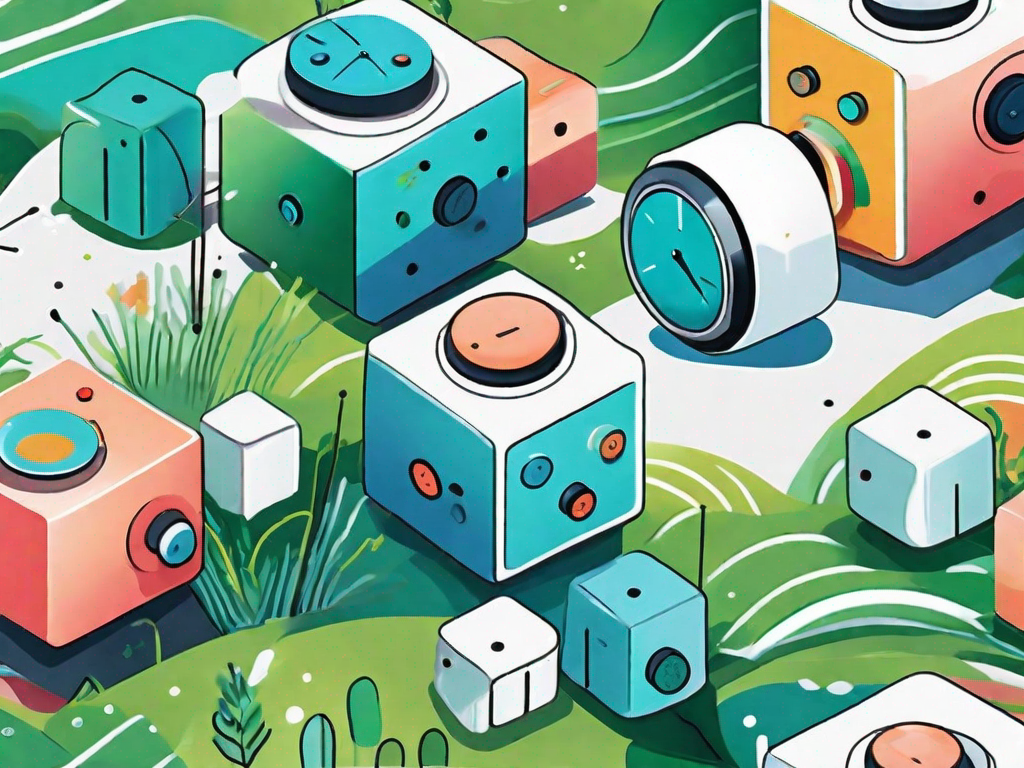 Several colorful and interactive activity cubes with various elements such as dials