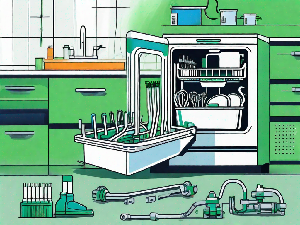 A dishwasher with various components like pipes and wires highlighted