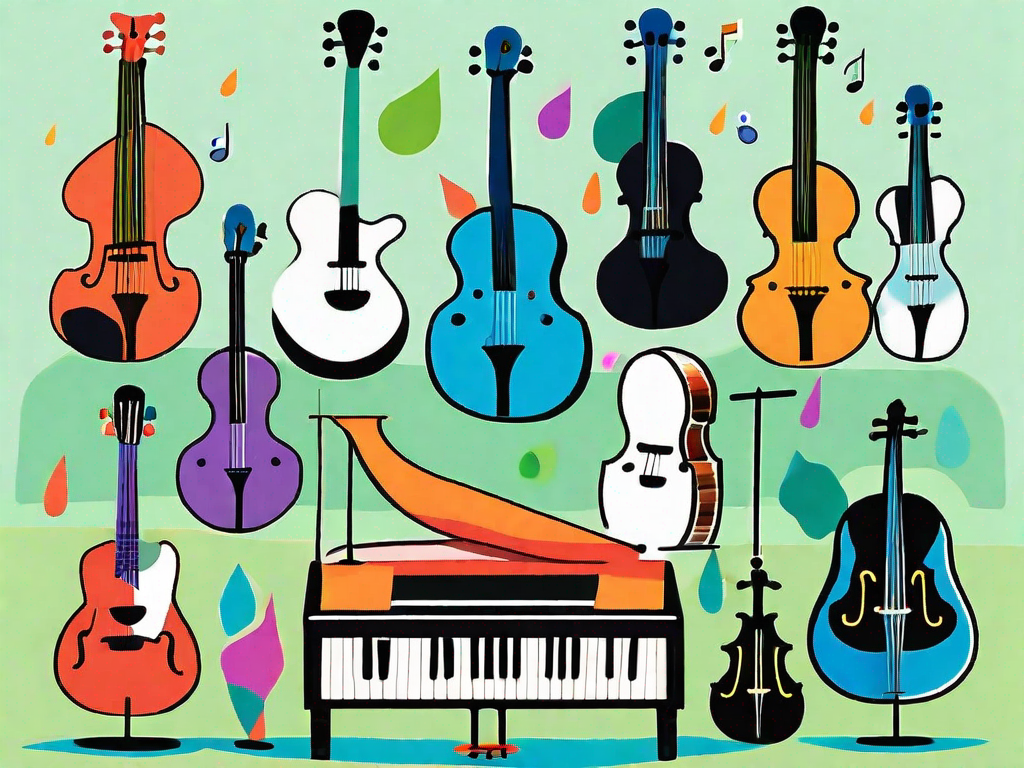 A variety of child-sized musical instruments such as a mini piano
