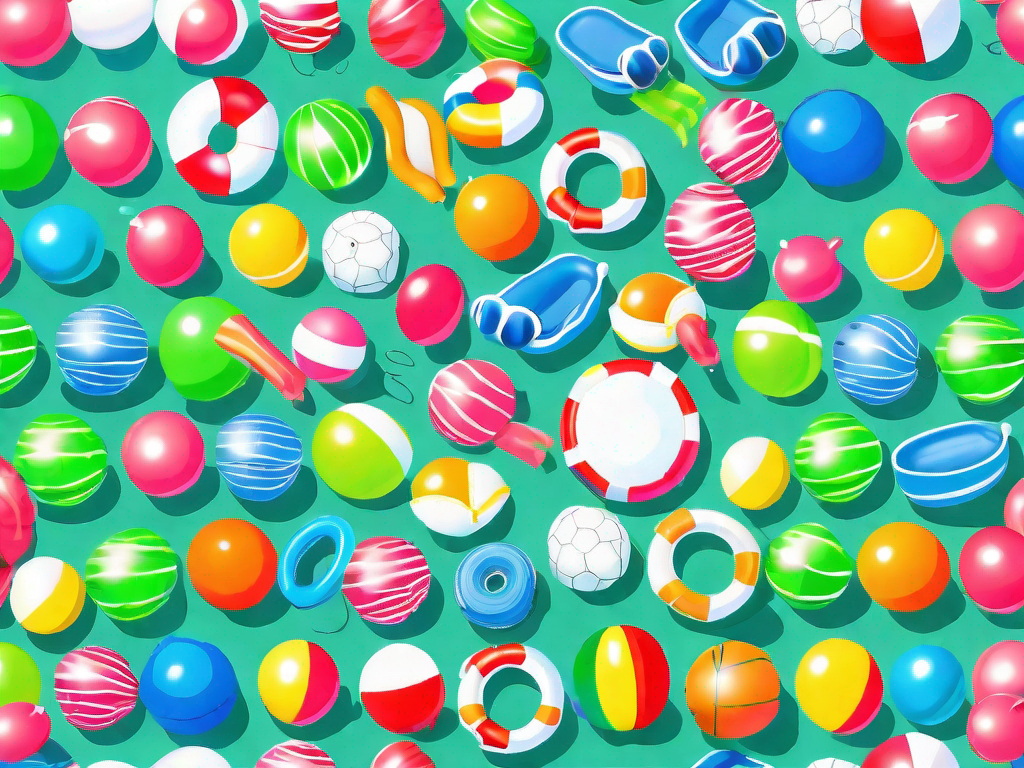 A variety of colorful pool toys and floats