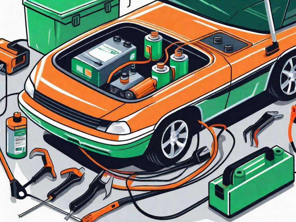 A car battery connected to jumper cables with visible electricity sparks
