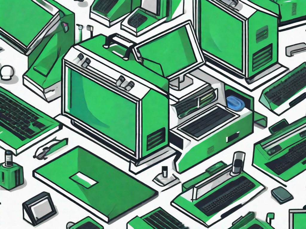 A sluggish-looking computer with a toolbox nearby