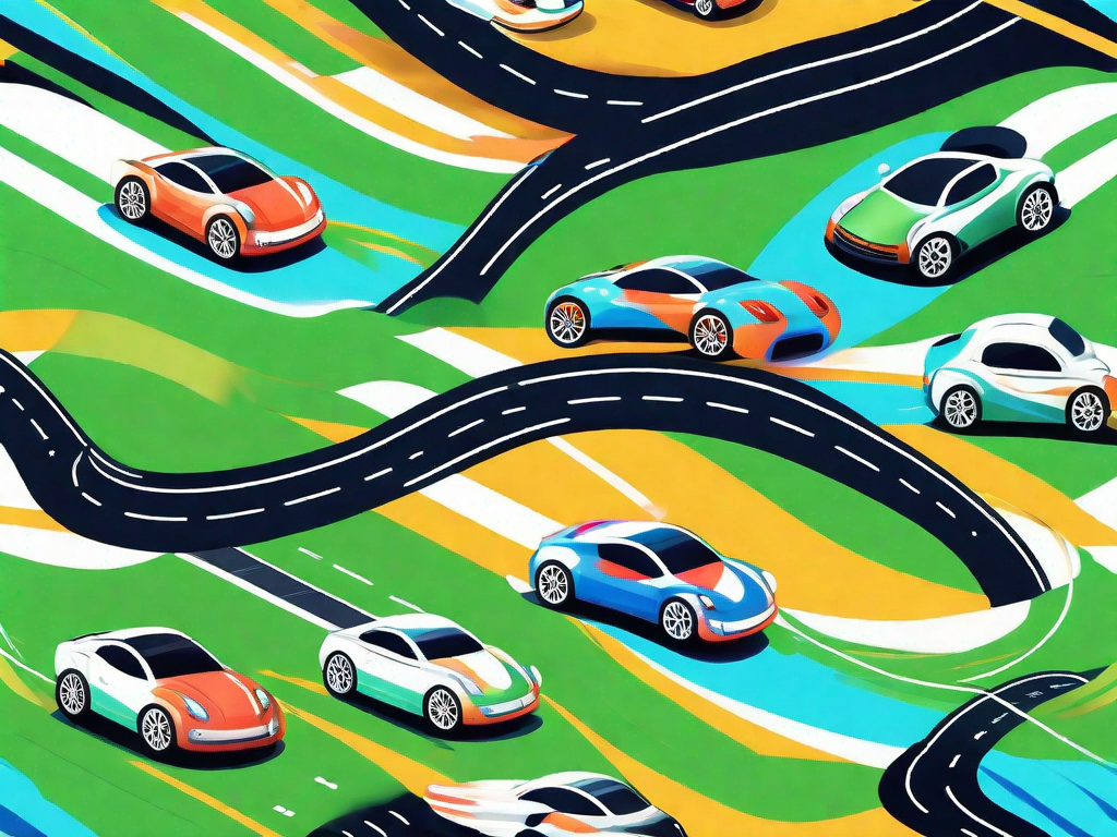 A variety of colorful remote-controlled cars racing on a winding track