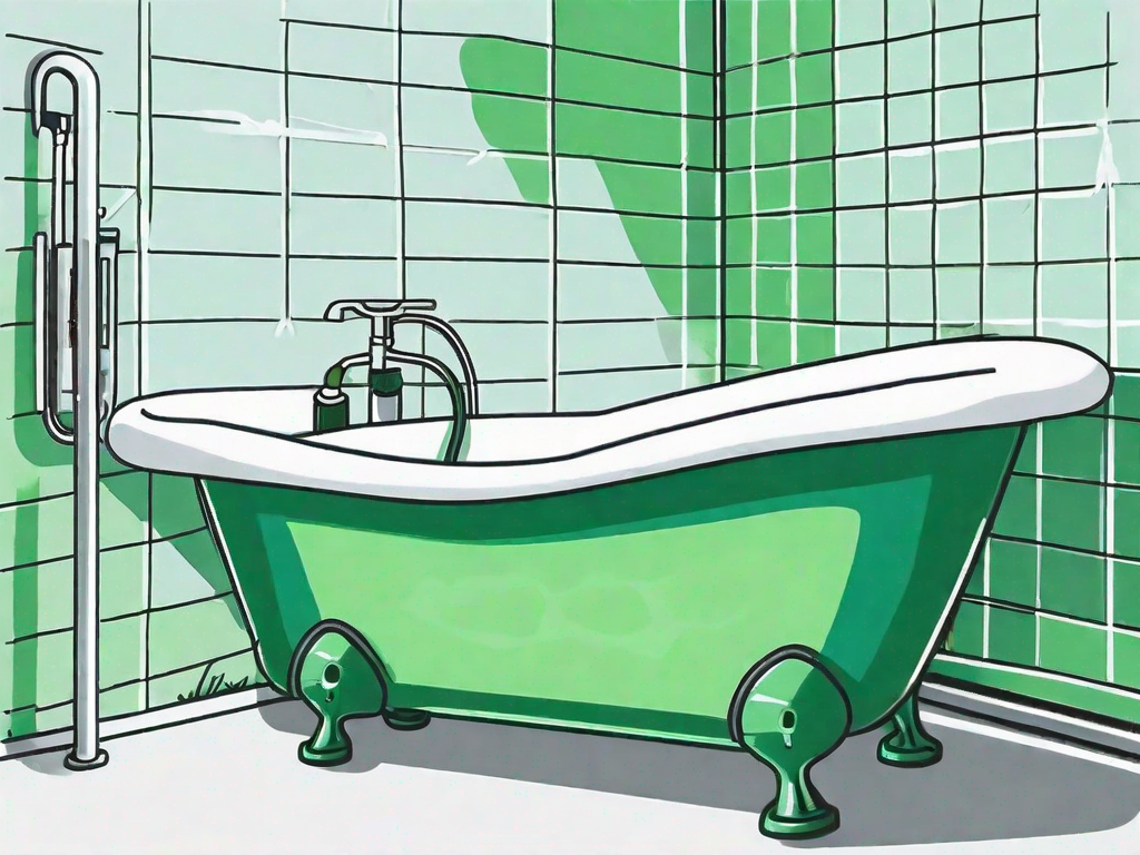 A bathtub with visible leaks and a sealant tube with a caulk gun nearby