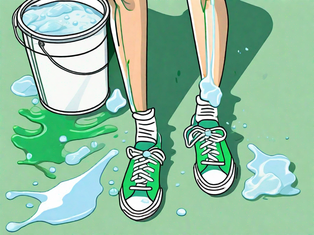 A pair of dirty white sneakers next to a bucket of soapy water