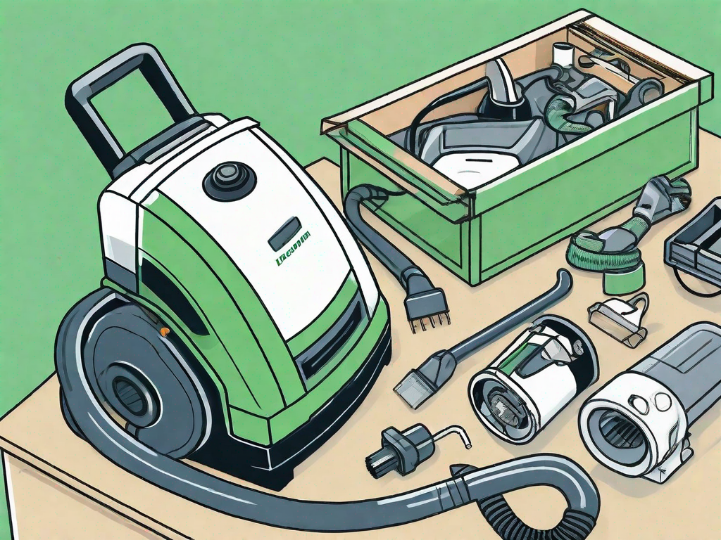 A vacuum cleaner with its parts disassembled on a table