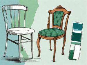 An old chair with worn-out upholstery next to a set of upholstery tools and a fabric swatch