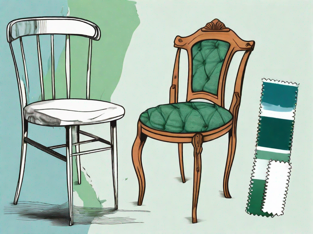 An old chair with worn-out upholstery next to a set of upholstery tools and a fabric swatch