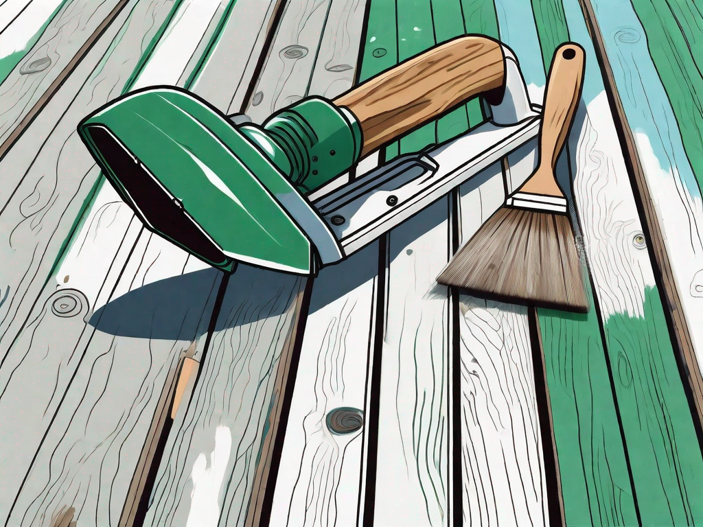 A weathered wooden deck in the process of being restored