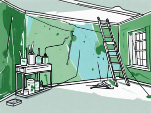 A room with walls and a ceiling showing peeling paint