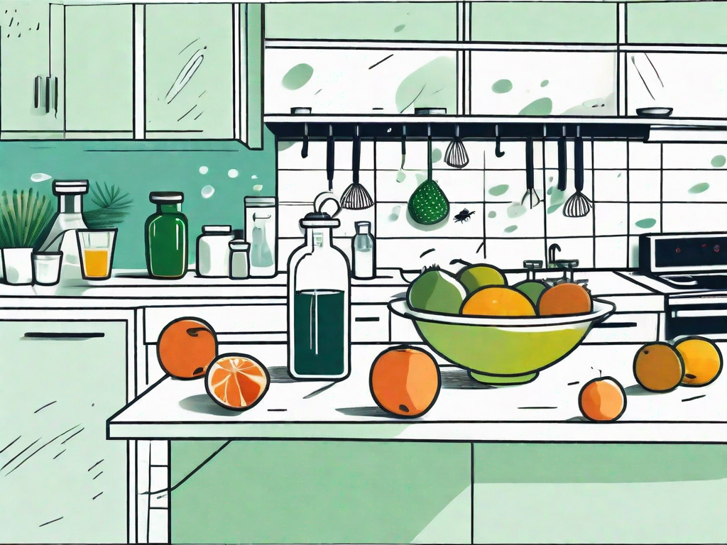 A kitchen scene with a bowl of fruit on the counter