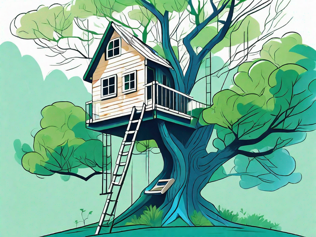 A simple but sturdy treehouse nestled among the branches of a large tree
