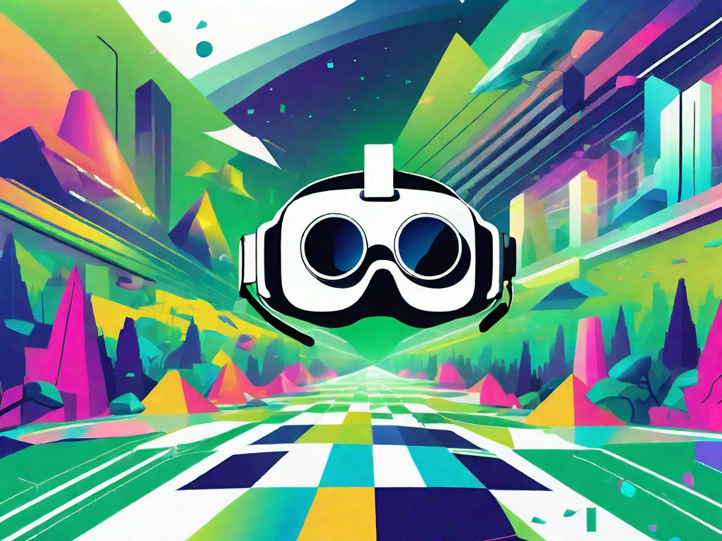 A virtual reality headset floating against a backdrop of a futuristic