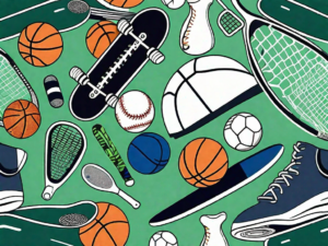 Various popular sports equipment including a skateboard