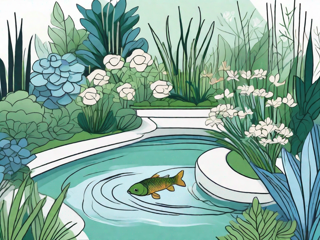 A serene garden scene featuring a newly-built fish pond surrounded by lush plants and blooming flowers