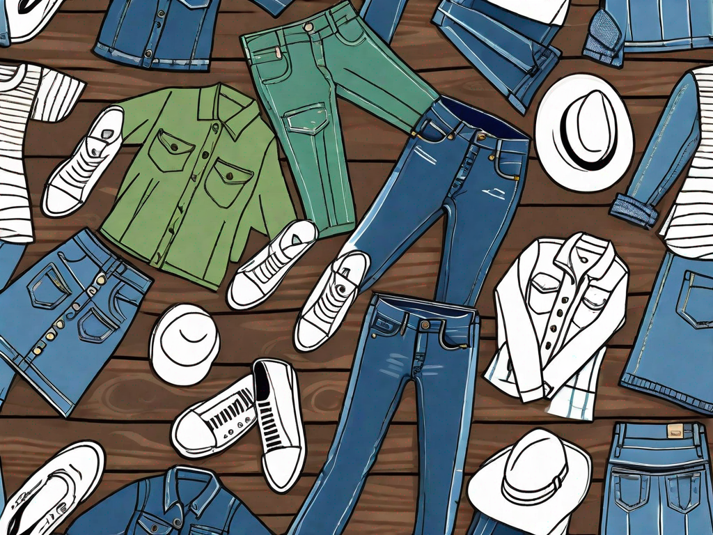 A variety of denim items such as jeans