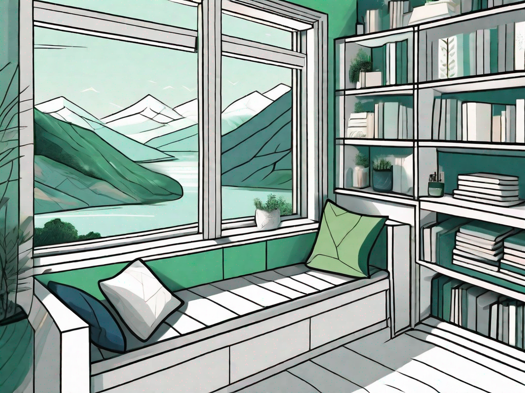 A window seat with built-in storage compartments