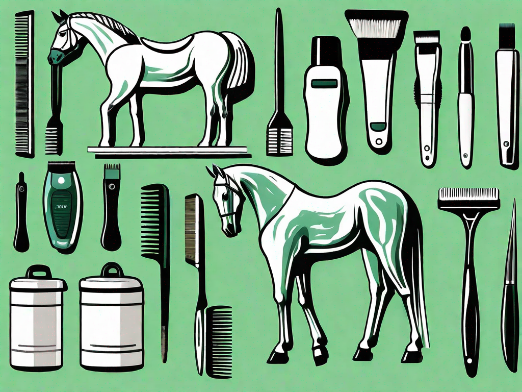 Various horse grooming tools such as brushes