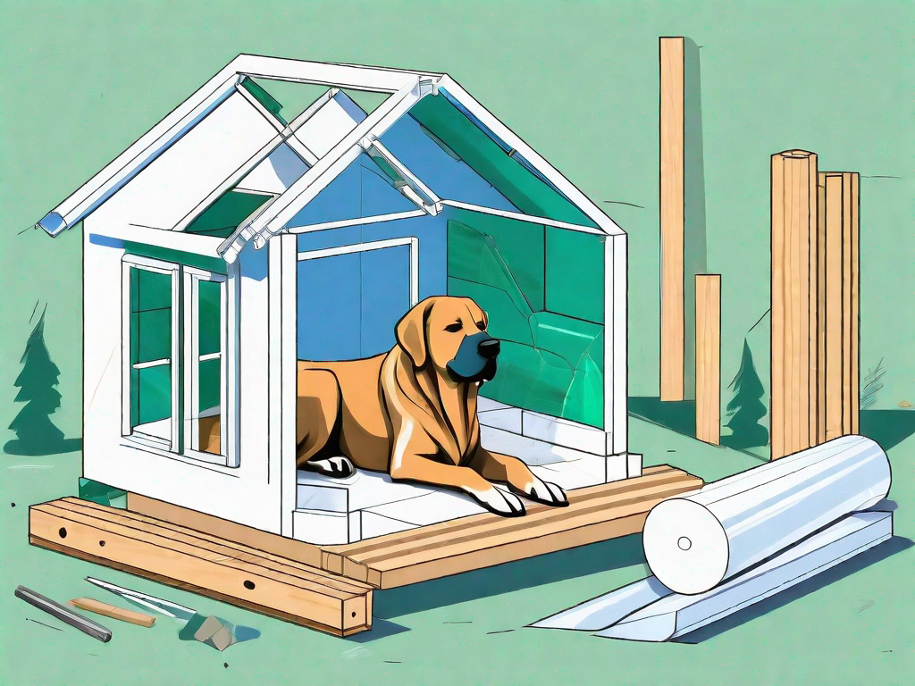 A partially constructed dog house with various building materials scattered around