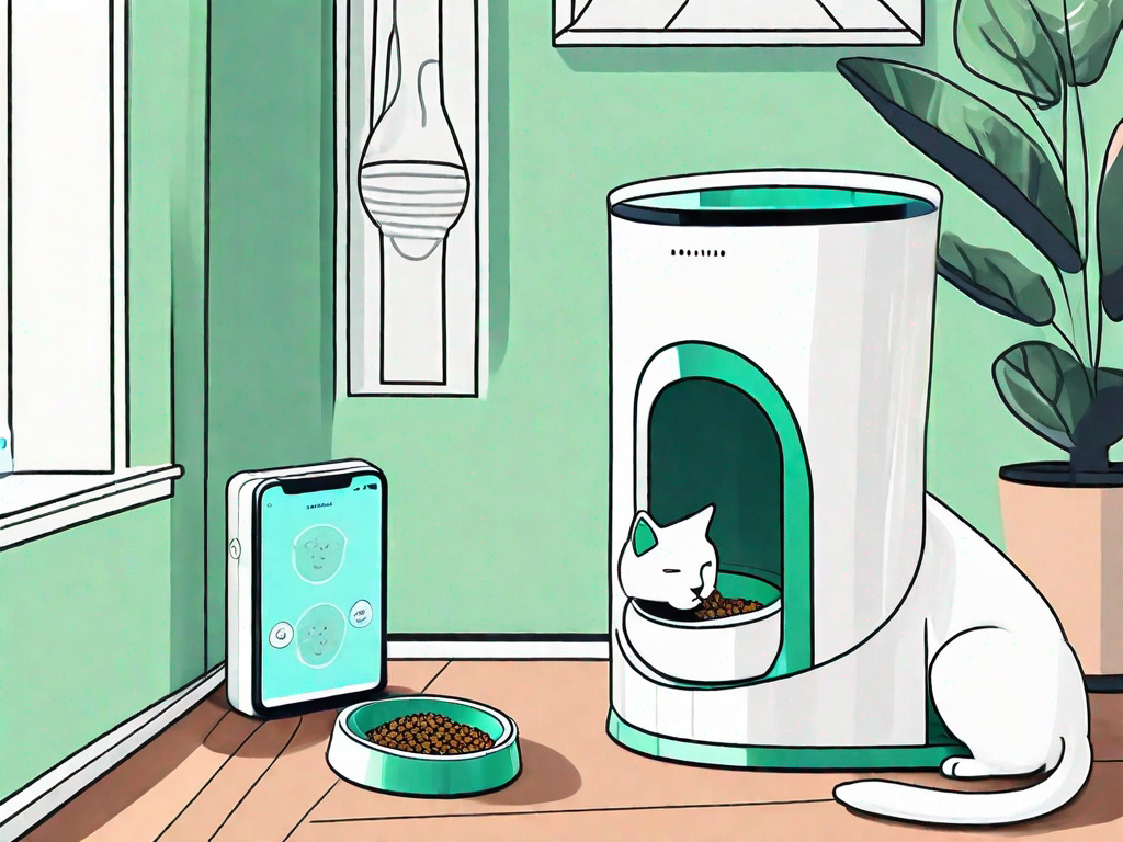 A smart pet feeder in a living room setting
