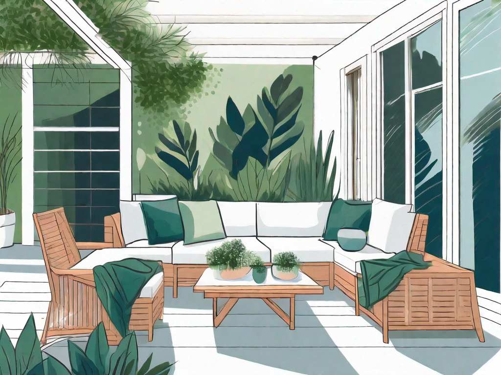 A covered patio with comfortable outdoor furniture