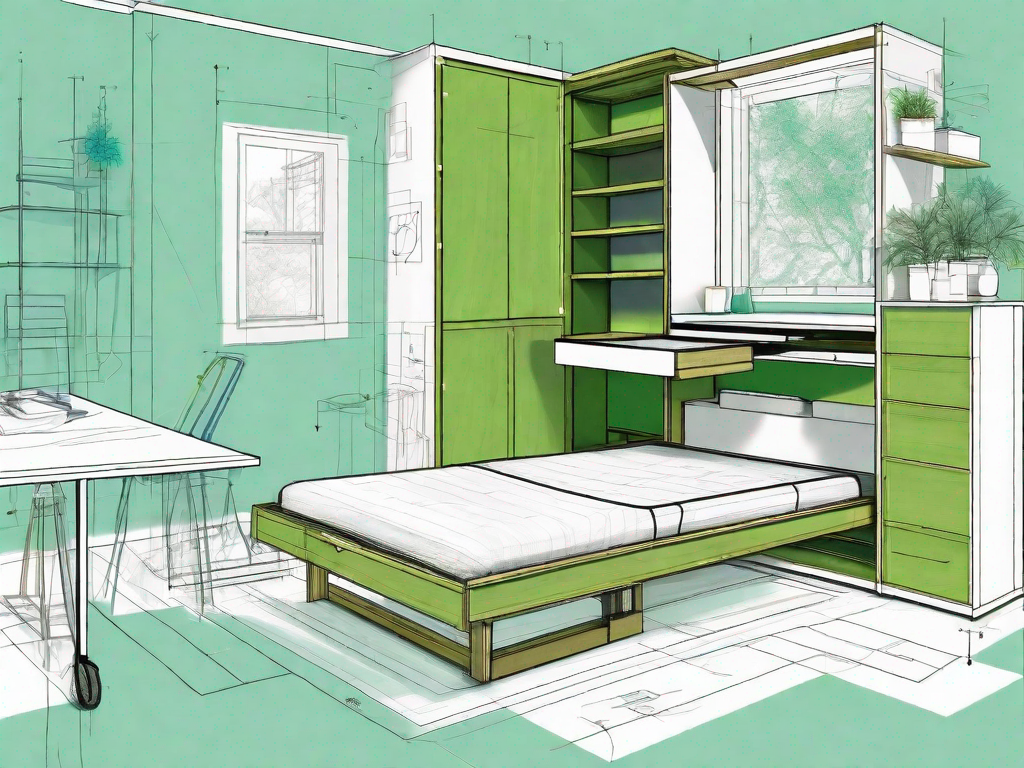 A half-built murphy bed in a compact room