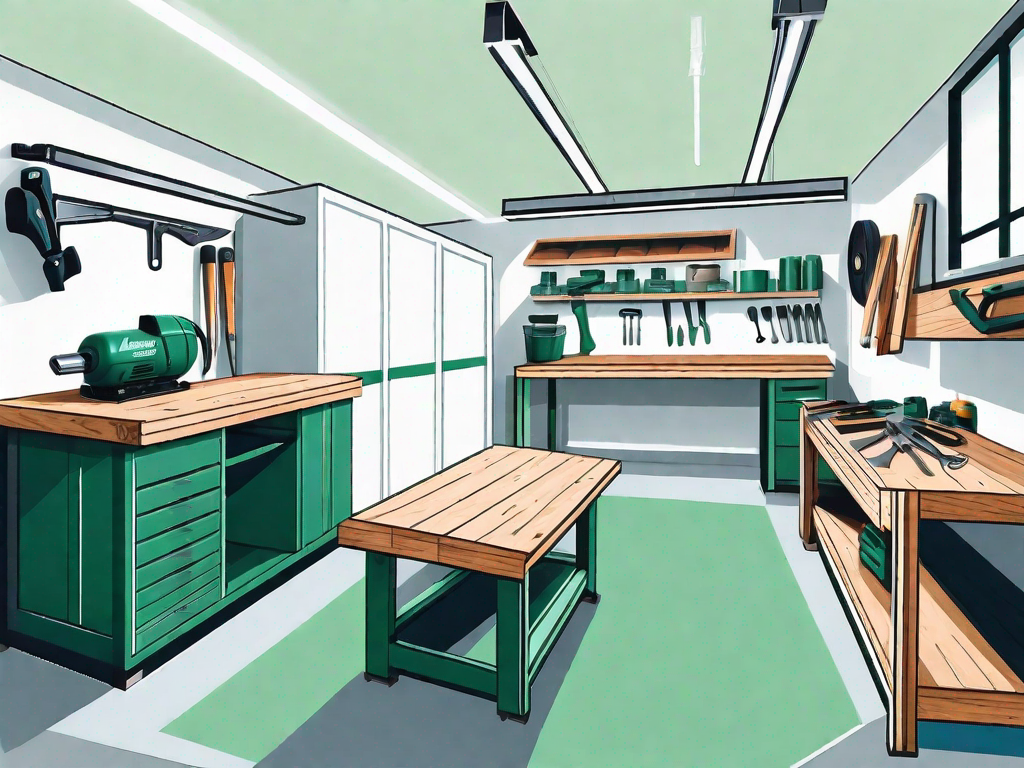 A spacious garage with a newly built workbench featuring various tools and woodworking equipment