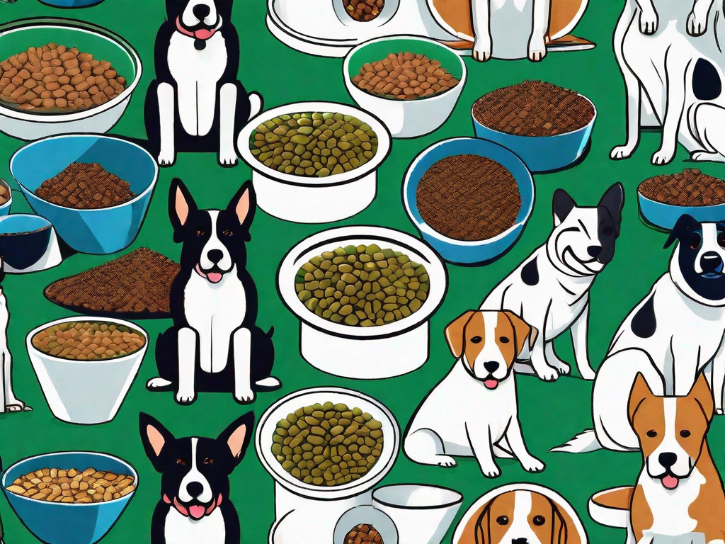 Several different breeds of dogs sitting next to bowls of various types of dog food